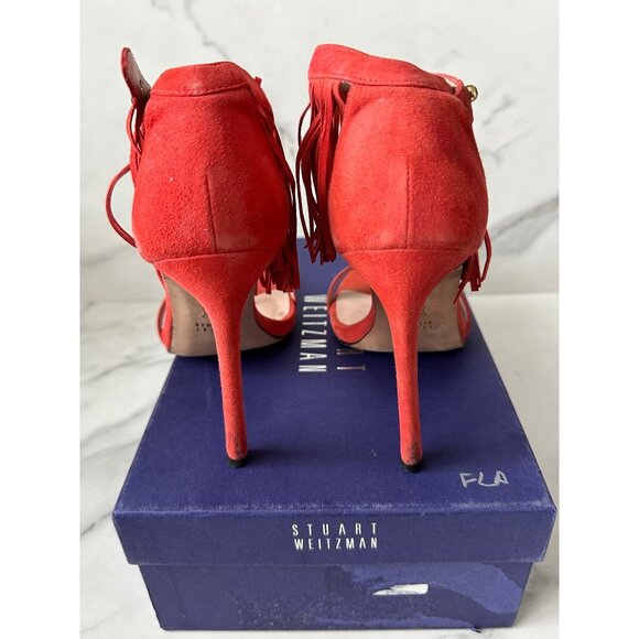 STUART WEITZMAN Red Suede Fringe Ankle Strap Heels Size 7.5 - Picture 4 of 9